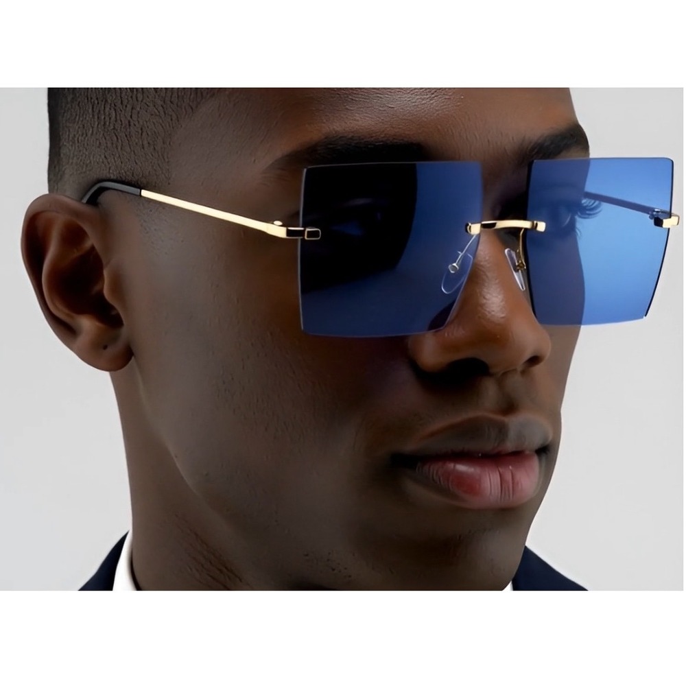 Rimless Sunglasses Square Blue Lens Gold Accents Fashion‎ Trendy Men Sun Glasses